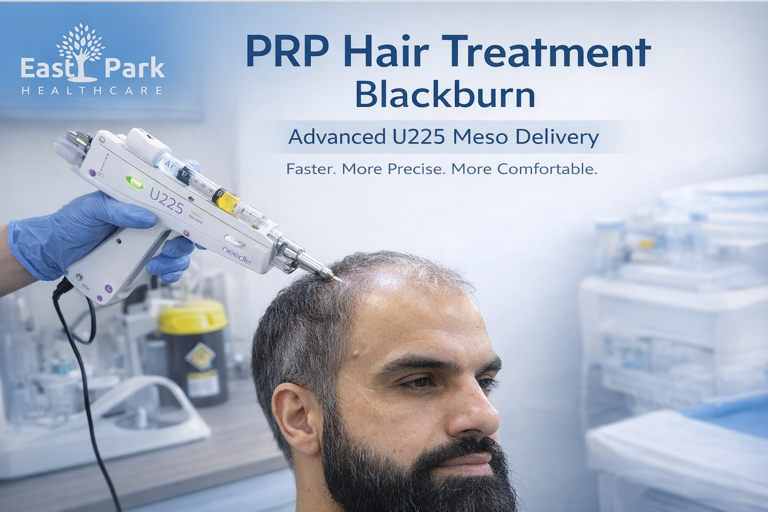 PRP hair treatment in Blackburn using U225 mesotherapy gun at East Park Healthcare