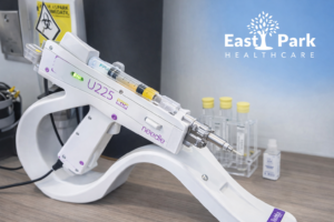 U225 mesotherapy gun delivering PRP hair treatment at East Park Healthcare in Blackburn